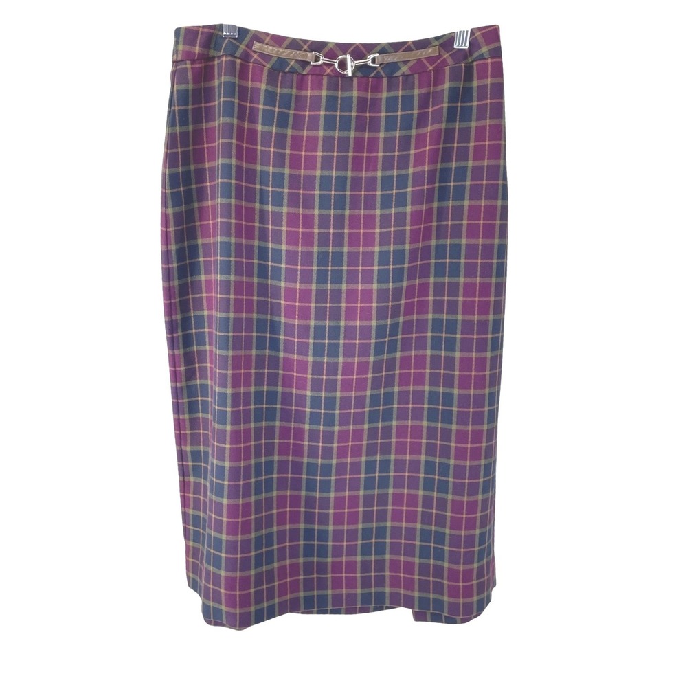 Sag Harbor Womens Plaid Midi Skirt Burgundy Navy Gold Horsebit Buckle Size 12